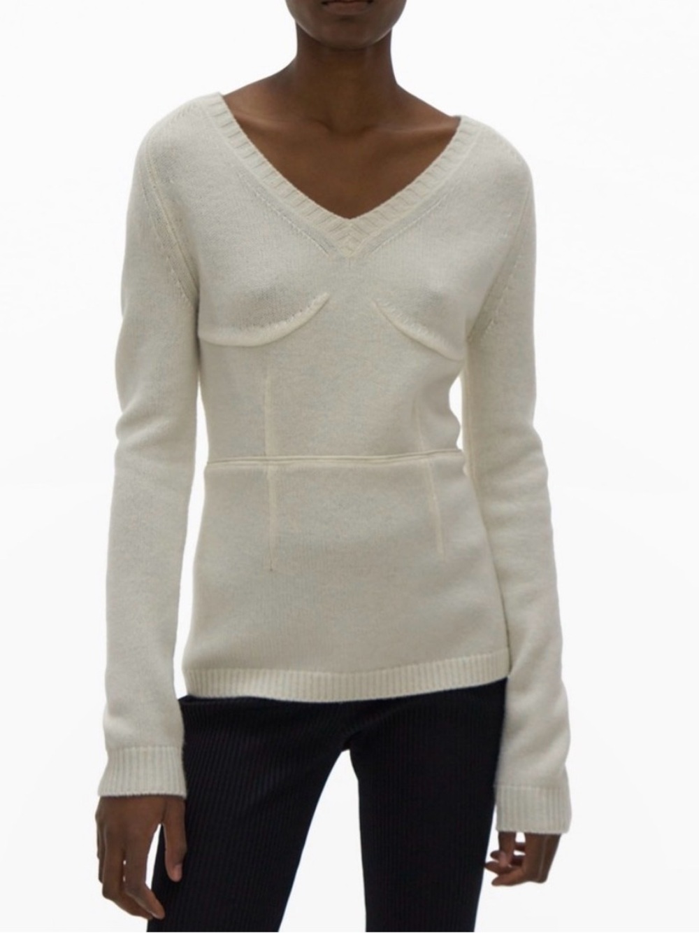 Helmut Lang Cream V-Neck Fitted Wool Sweater, Medium